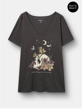 torrid Charcoal V-Neck Tee with Floral Skull Graphic